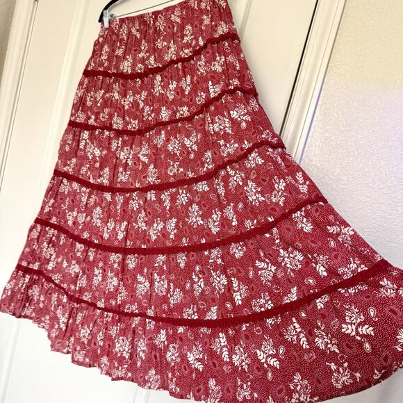 Napa Valley Red/White Tiered Ruffle Flowy Maxi Skirt ~ Size Large ~ Cotton Blend - Picture 4 of 11